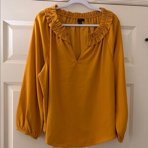 J. Crew Mustard Blouse with Ruffled Neckline